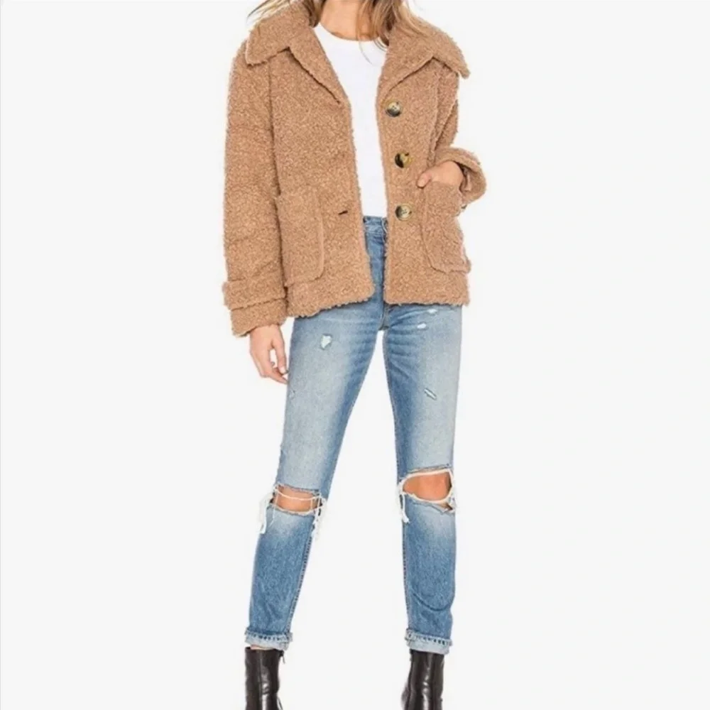 Free People So Soft Cozy Peacoat Teddy Sherpa Coat in Camel/Brown